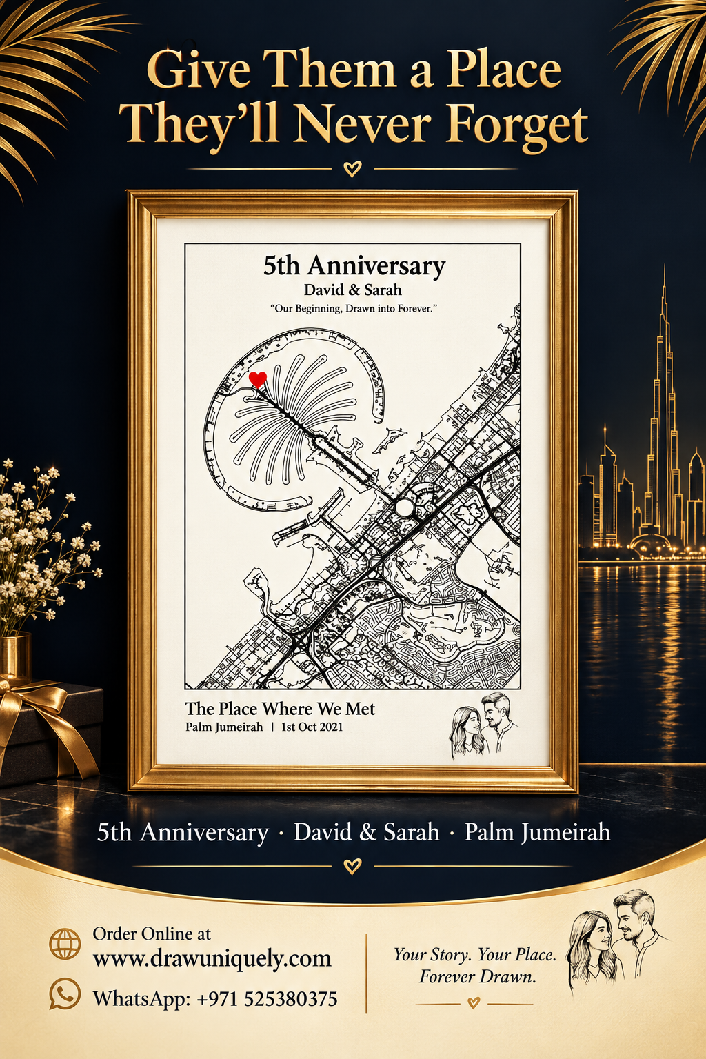 Custom Couple Map Art Print – Personalized Where We Met & Anniversary Map Poster
