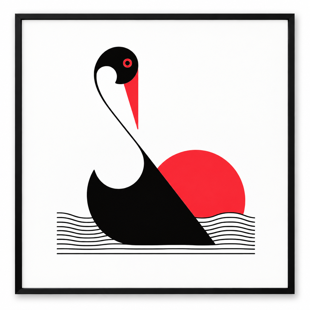 Minimalist Swan & Rising Sun Ink Drawing | Real Pen Art Print