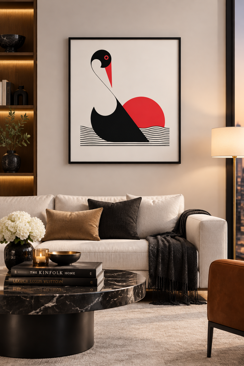 Minimalist Swan & Rising Sun Ink Drawing | Real Pen Art Print