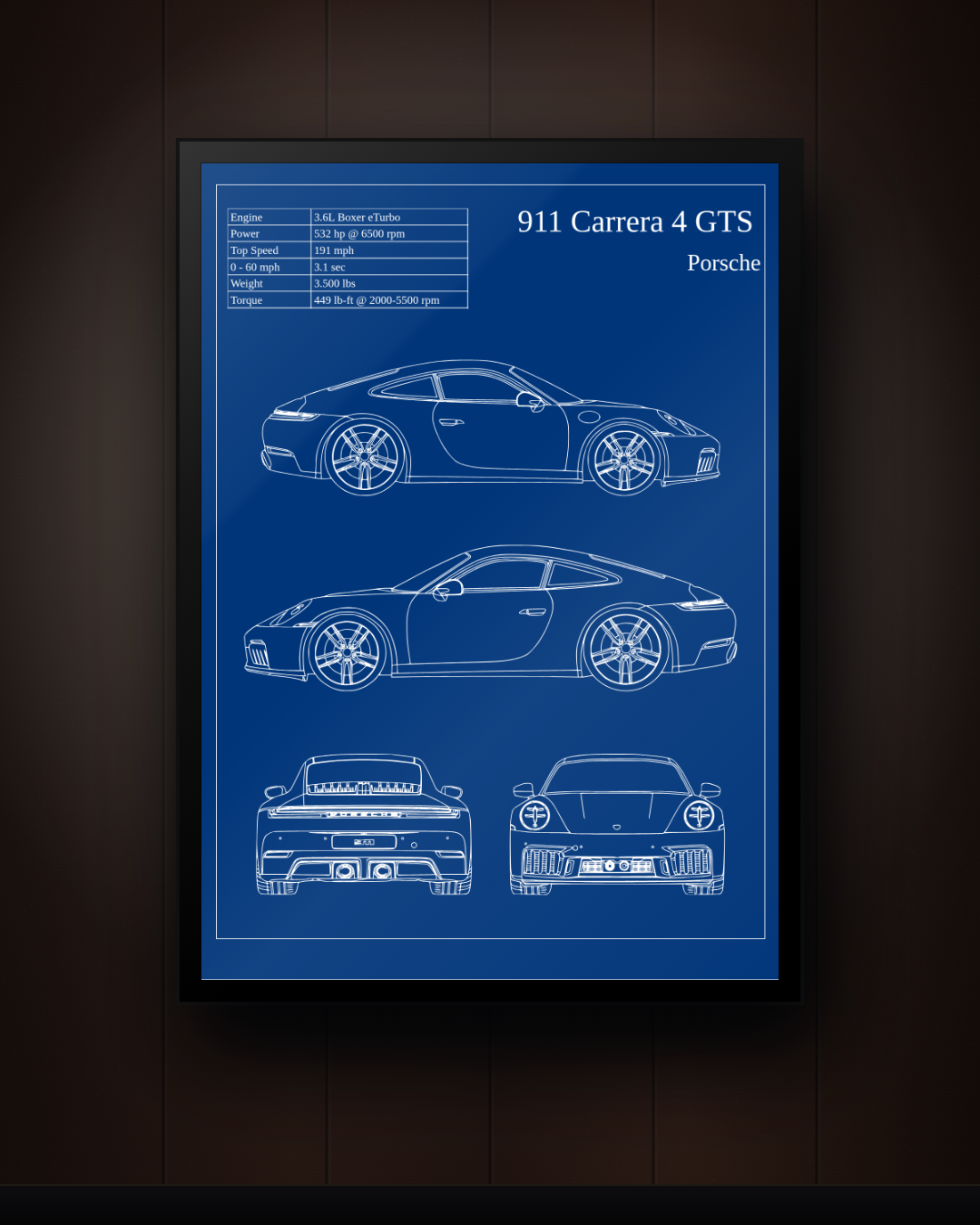 Porsche 911 Carrera 4 GTS Blueprint Wall Art – Framed Engineering Print
