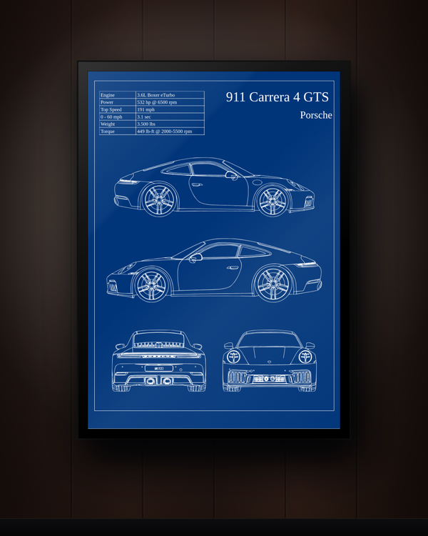 Porsche 911 Carrera 4 GTS Blueprint Wall Art – Framed Engineering Print