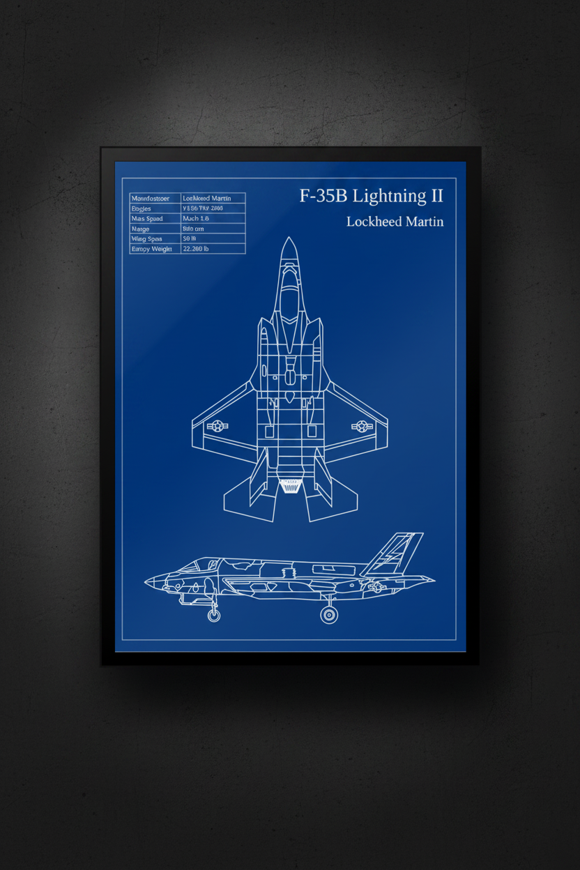 F-35B Lightning II Blueprint Wall Art – Stealth Fighter Jet Print