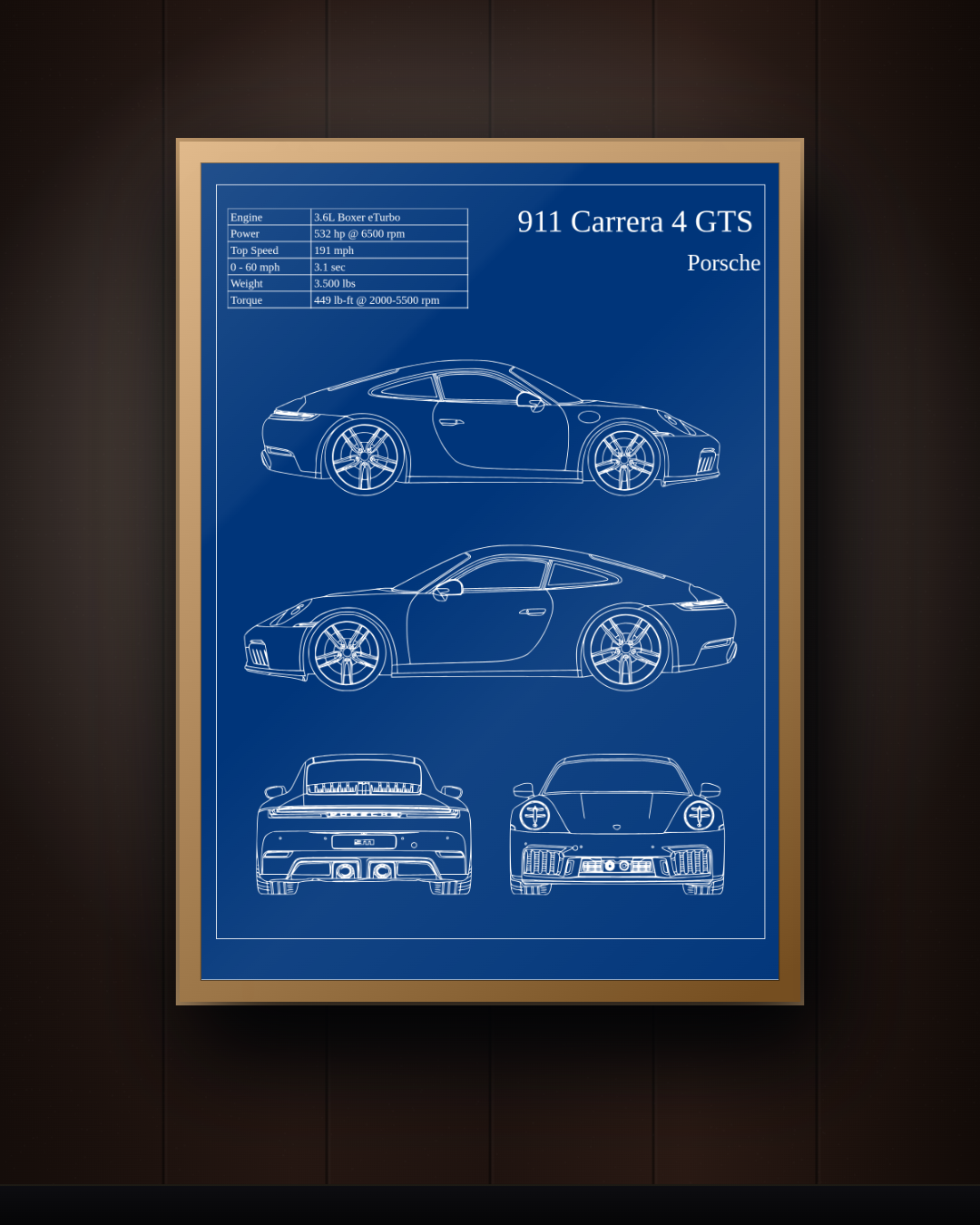 Porsche 911 Carrera 4 GTS Blueprint Wall Art – Framed Engineering Print