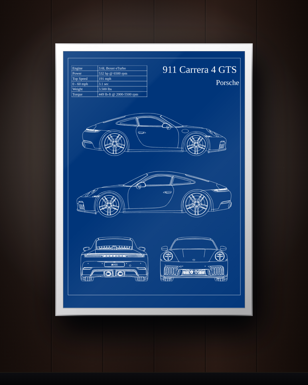 Porsche 911 Carrera 4 GTS Blueprint Wall Art – Framed Engineering Print
