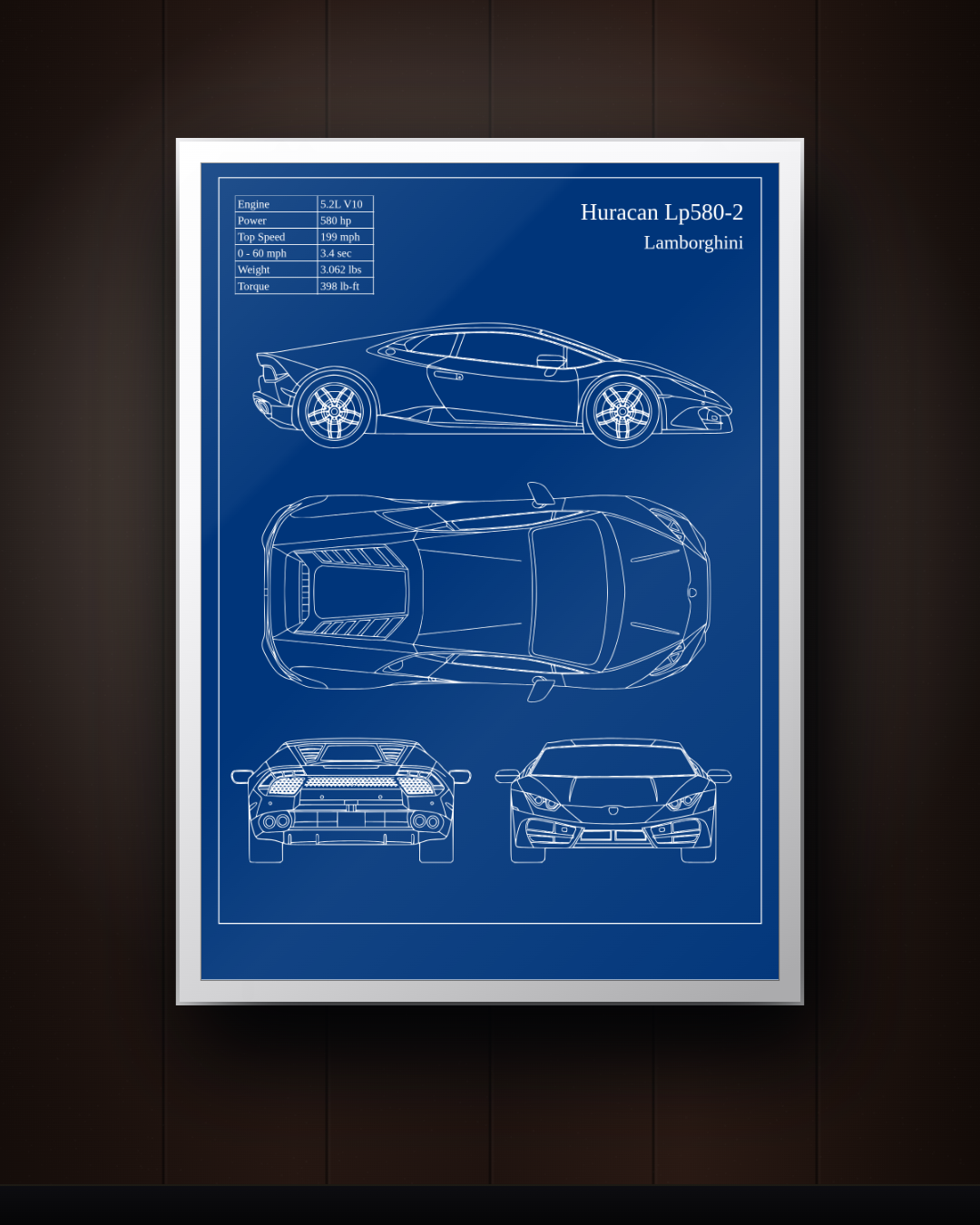 Lamborghini Huracán LP580-2 Blueprint Wall Art – Italian Supercar Print